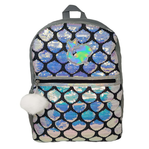12.6 x 16 Inches Blue Panda Mermaid Sequin Backpack for Girls 